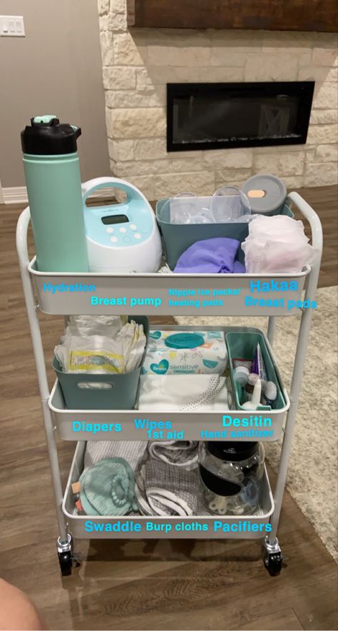 Cart For Newborn, New Mom Bedside Cart, Bedside Nursery Cart Essentials, Maternity Room Ideas, Organizing Newborn Stuff, Nursery Essentials New Moms, Nursing Cart Organizer Ideas, Storage Cart Nursery, Postpartum Essentials Cart