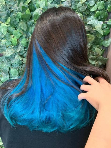 Blue And Black Hair, Under Hair Dye, Under Hair Color, Hair Dyed Underneath, Blue Hair Highlights, Hidden Hair Color, Split Dyed Hair, Dyed Hair Blue, Blue Ombre Hair