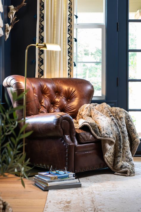 Home Office With Leather Chair, Brown Leather Reading Chair, Overstuffed Leather Chair, Brown Leather Chair Office, Leather Chair Reading Nook, Accent Reading Chair, Dark Leather Chair, Big Leather Chair, Leather Library Chair