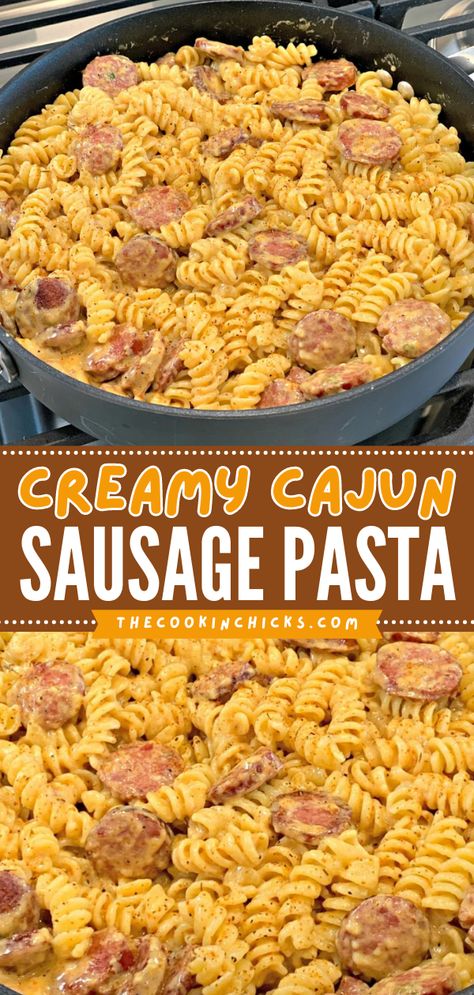 Here's a sausage dinner that doubles as an easy lunch idea! It's a simple pasta recipe with just 5 ingredients. Creamy and packed with flavor, this Cajun Sausage Pasta is sure to be a hit with everyone! Save this cajun recipe! Quick Easy Weeknight Meals, College Supper Ideas Easy Meals, Beginner Dinner Ideas, Hunting Dinner Ideas, Easy Dinner Recipes On A Budget, Dinner Ideas Family Beef, Recipes With Few Ingredients Dinner, Cheap Easy Meals For Picky Eaters, Dinner Ideas Lazy