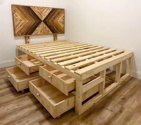 Bedframe Ideas, Homemade Bed Frame, Wood Pallet Bed Frame, Homemade Beds, Wood Pallet Beds, Pallet Bed Frames, Pallet Bed Frame, Diy Storage Bed, Diy Pallet Bed