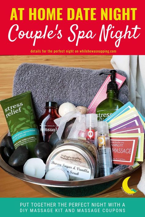 An at home spa date night will leave you and your sweetie feeling relaxed, reconnected and rejuvenated. Massage coupons and oils are just the beginning.    #datenightideas #dateideas #athomedatenight #athomedateideas #spanight Couples Spa Night, Spa Date Night, Spa Date, Vanilla Scrub, Massage Kit, At Home Date Night, Couples Spa, Home Date Night, Diy Massage