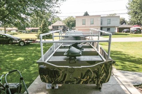 Duck Boat Blind Diy, Pvc Duck Blind, Duck Boat Ideas, Diy Duck Blind, Hunting Garage, Boat Makeover, Duck Blinds, Duck Hunting Blinds, Pontoon Ideas