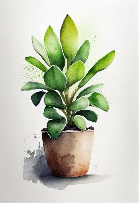 Potted Plant Calm Watercolor - Etsy Green Painting Inspiration, Calming Watercolor Painting, Watercolor Art Plants, Simple Plant Art, Green Plant Painting, Leave Painting, Watercolor Potted Plants, Green Watercolor Painting, Painting Plants