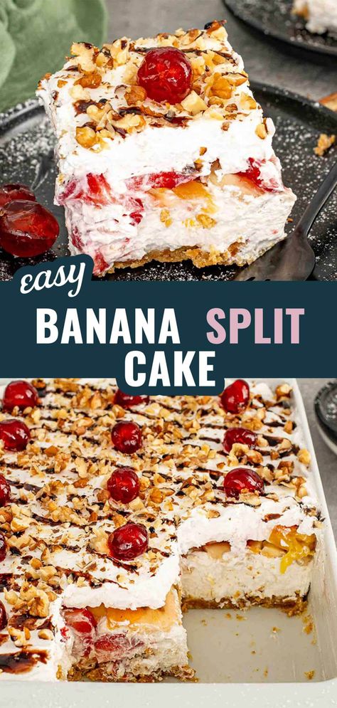 Indulge in this No-Bake Banana Split Cake! Creamy layers, fresh fruit, and a graham cracker crust make this dessert irresistible. Perfect for any occasion! #BananaSplitCake #NoBakeDessert #EasyRecipes #SweetTreats #SummerDesserts #DessertLovers Summer Deserts Ideas No Bake, Banana Split Cake Recipe, Cake No Bake, Cookout Desserts, Banana Split Pie, Icebox Cakes, Bake Banana, Holiday Recipes Thanksgiving, Banana Split Cake