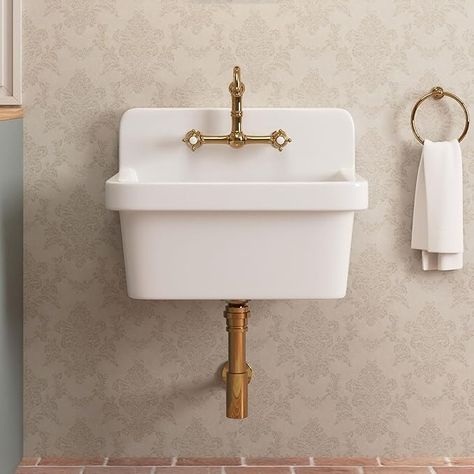 DeerValley DV-1K0137 24 Inch Wall Mounted High White Kitchen Sink White Fireclay Utility Sink Ceramic Laundry Sink Wall Mount Bathroom Sink - Amazon.com Wall Mounted Sink Bathroom, Small Powder Room Sink, Wall Mount Sink Bathroom, Slop Sink, Kitchen Sink White, Outside Sink, Bathroom Console, Powder Room Sink, Small Laundry Sink