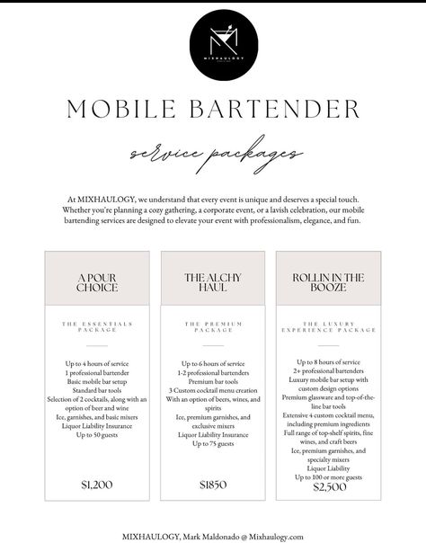 Mobile Bar Logo Design, Bartender Name Ideas, Cute Mobile Bar Names, Mobile Bar Pricing Packages, Mobile Bar Drink Ideas, Mobile Bar Pricing Guide, Mobile Bar Pricing, Mobile Bartending Packages, Mobile Bar Packages