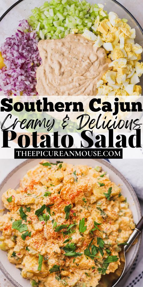 Cajun Potato Salad Recipe, Cajun Potato Salad, Cajun Potatoes, Sweet Relish, Crunchy Veggies, Southern Potato Salad, German Potato, Gold Potatoes, Creamy Dressing