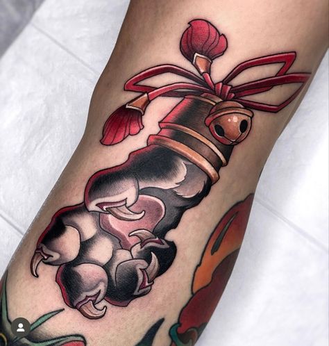 Japanese Tag Tattoo, Neo Trad Japanese Tattoo, Lucky Paw Tattoo, Rabbit Paw Tattoo, New School Japanese Tattoo, Japanese Lucky Charm Tattoo, Japanese Charm Tattoo, Neo Traditional Animal Tattoo, Neo Traditional Japanese Tattoo