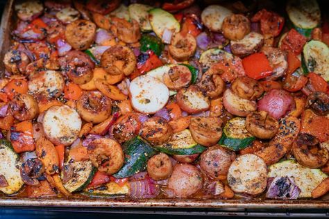 Vegan Shrimp Sheet Pan Dinner Shrimp Sheet Pan Dinner, Chipotle Lime Dressing, Vegan Sheet Pan, Trumpet Mushrooms, Vegan Shrimp, Vegan Meatballs, Sheet Pan Dinners Recipes, Shrimp Dinner, Vegan Fish