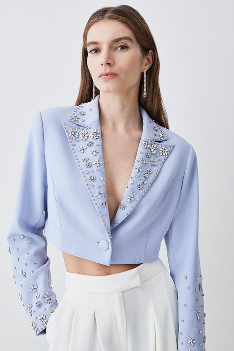 Embellished Stretch Woven Cropped Jacket | Karen Millen Mother Of The Bride Outfits, Bride Outfits, Mode Abaya, Clean Aesthetic, Woman Suit Fashion, Crop Blazer, Abaya Designs, Blazer Designs, Aesthetic Style