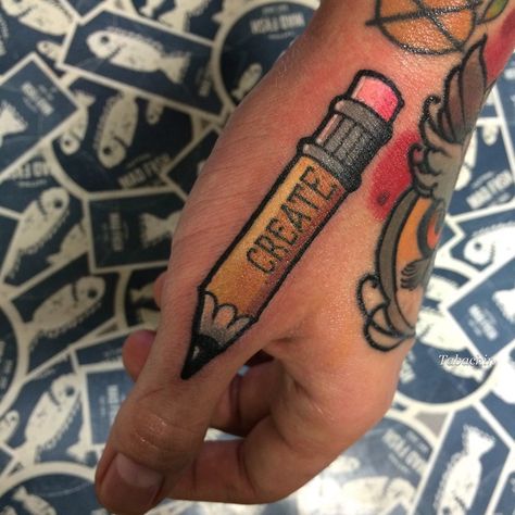 Traditional style pencil tattoo with a word ‘create’ on it Tattoo Ideas, Hand Tattoo Ideas For Men, Inked Guys, Pencil Tattoo, Hand Tattoo Ideas, Tattoo Ideas For Men, My Tattoo, Hand Tattoo, Pencil