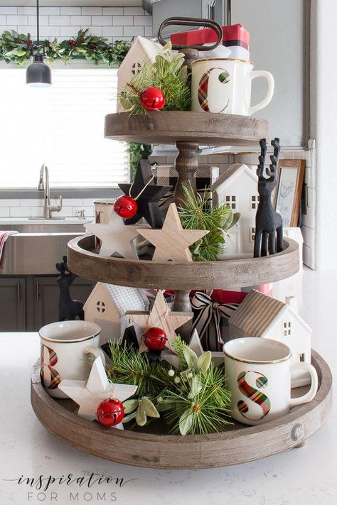 Three Tiered Tray, Diy Kitchen Makeover Ideas, Tray Decor Christmas, Christmas Tray, Kitchen Diy Makeover, Indoor Christmas Decorations, Indoor Christmas, Farmhouse Christmas Decor, Christmas Kitchen