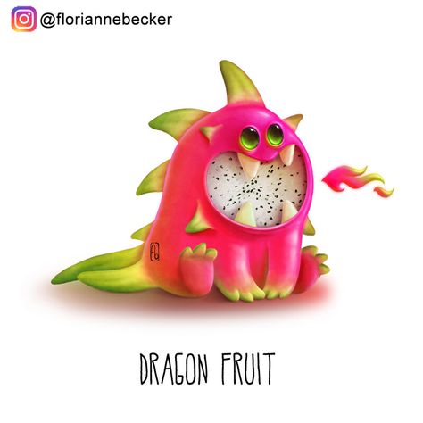 Animals Mixed With Fruit Drawings, Fruit Art Illustration, Fruit Monster Art, Fruit Illustration Cute, Cute Fruit Art, Fruit Animals Drawing, Dragon Fruit Cartoon, Dragon Illustration Cute, Cute Fruit Drawings