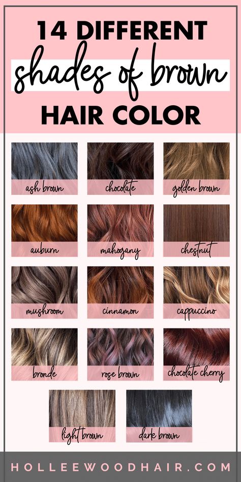 Everyone knows that brunettes do it better, right? But what's the difference between ash brown and mushroom brown hair color? What about brunette hair with highlights vs. multi-dimensional balayage? This shades of brown hair color chart will help you see the difference. These 14 different shades of brown hair dye will blow your mind... #brunette #brownhair #brownhaircolor #haircolor Good Hair Colours For Brunettes, Shades Of Highlights Brunettes, Hair Color Shades Of Brown, Different Hair Dye Styles Brown, Shades If Brown Hair Color, Hair Colors Brown And Blonde, Mushroom Brown Hair Color Box Dye, Colors That Go With Brown Hair, Ash Brown Vs Mushroom Brown