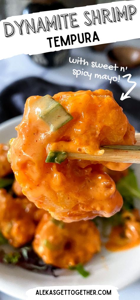 Close up of dynamite shrimp using chopsticks. Essen, Tempura Shrimp Meals, Mayo Shrimp Chinese, Popcorn Shrimp Meal Ideas, Rocket Shrimp Recipe, Shrimp Mayo Recipes, Pf Chang Shrimp Dynamite Recipe, Dynamite Shrimp Sauce, Sauce For Tempura Shrimp