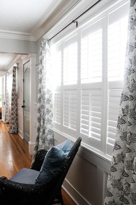 Plantain Shutters With Curtains, Interior Shutters With Curtains, Shutters With Curtains Living Room, Indoor Shutters For Windows, Shutters Interior Window Living Room, White Shutters Living Room, Shutters And Curtains Together, Interior Shutters Living Room, Shutters In Living Room