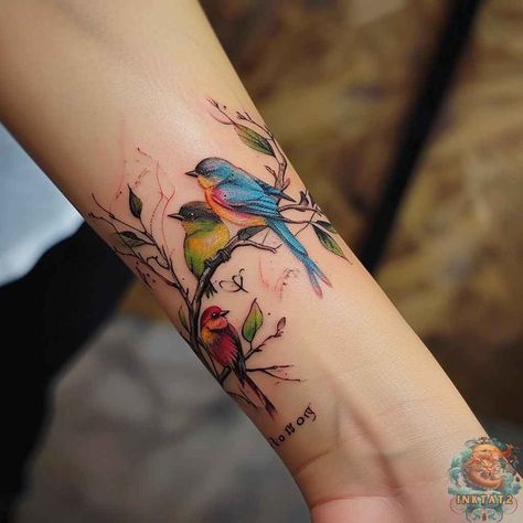 Unique Bird Tattoos For Women, Bird Tattoos For Women Wrist, Tattoo Classic Art, Beautiful Wrist Tattoos For Women, Bird Tatoos Woman, Bird Sleeve Tattoo Women, Watercolor Tattoo For Women Unique, Flower Tattoos Wrist, Birds On A Branch Tattoo