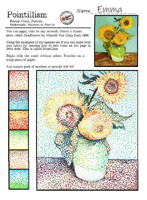 Van Gogh Sunflowers color template. Teach color theory in a fun and approachable way. These templates begin with an outline that is pre-drawn. Look great on a class wall! A simple introduction to color theory, and the pointillism technique. Colors are mixed using simple markers in your classroom. A template outline is included. Van Gogh Worksheet, Visual Elements Art, Pointilism Art Ideas, Van Gogh Art Lesson, Pointilism Art, Color Theory Projects, Kangaroo Drawing, Pointalism Art, Art Oil Pastel