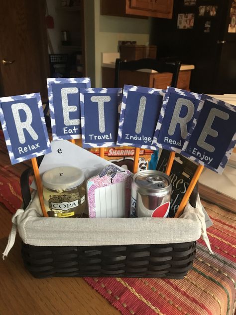 Retirement Gifts For Bus Drivers, Retirement Hobby Ideas, School Custodian Retirement Gift Ideas, Retire Basket Ideas, Retirement Gift Baskets For Him, Retiring Principal Gifts, Dr Retirement Gift Ideas, Retire Basket, Cool Retirement Gifts