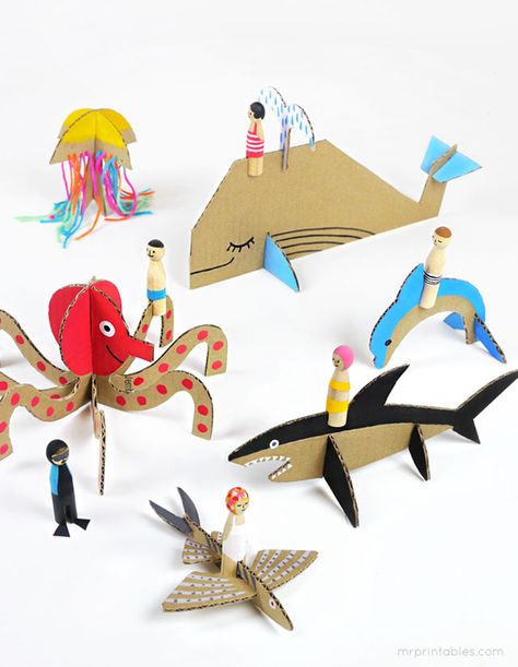 hello, Wonderful - CARDBOARD SEA CREATURES WITH FREE PRINTABLES Mr Printables, Cardboard Animals, Cardboard Toys, Paper Toy, Cardboard Art, Paper Animals, Crafty Kids, Peg Doll, Sea Creature