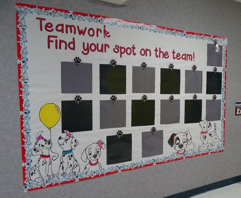 101 Dalmatians Bullentin Board 101 Dalmations Bulletin Board, Dalmatian Classroom Decor, Dalmatian Room, Dalmatian Classroom, Preschool Birthday Board, Dog Classroom, Classroom 2023, Preschool Birthday, Disney Themed Classroom