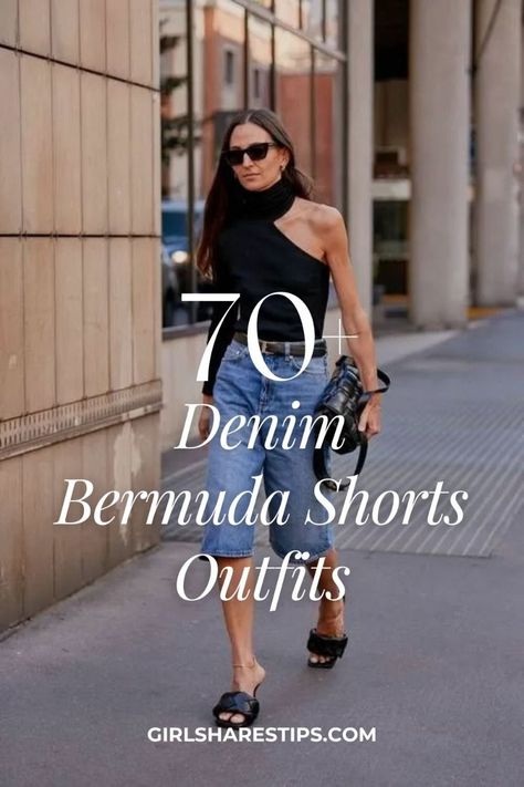 Denim Bermudas Outfit, Longer Denim Shorts Outfit, Style Bermuda Shorts Women, Bermuda Outfits Women Summer, Styling Bermuda Shorts Summer Outfits, Denim Long Shorts Outfit, Long Bermuda Shorts Outfit, Jeans Bermuda Outfit, Denim Bermuda Shorts Outfit Street Style