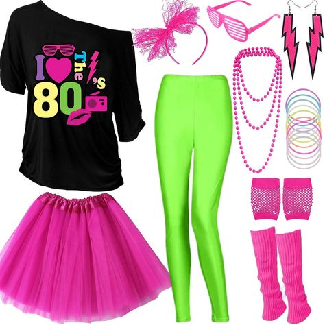 PRICES MAY VARY. 22 Pieces 80s outfit Set includes 1* Original-designed off-the-shoulder 80s Shirt,1*Green Leggings, 1* tutu skirt, 1* lace headband bow, 2* lightning 80s earrings, 2*beaded necklaces, 1*pair of shutter shade glasses. 1*pair of fingerless short fishnet gloves, 2*leg warmers and 10 silicone neon bracelets, 22 pieces in total, a rich and lovely set to complete your 80s costume look! Comfy Material:the 1980s shirts clothes are made of quality cotton and polyester, the leg warmers ar Plus Size 80s Costume, 80s Dress Up Day At School, 80s Spirit Day Outfit, 80s Outfits For Women, 80s Neon Outfit, 80s Outfits Women, 80 Outfits, 80s Outfit Ideas, Decades Day Outfits