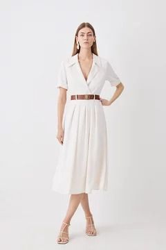 Shopping Bag One Piece Dress With Belt, Belt On Waist Outfit, Belted A Line Dress, Wear A Belt With A Dress, Feminine Capsule Wardrobe Fall, Waist Belt Outfit Dress, A-line Dress, Summer Work Dresses Office Wear, Skirt With Belt Outfit