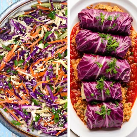 30+ BEST Purple Cabbage Recipes Purple Cabbage Recipe, Sausage Cabbage Skillet, Purple Cabbage Recipes, Red Cabbage Soup, Purple Cabbage Slaw, Roasted Cabbage Steaks, Pickled Red Cabbage, Red Cabbage Salad, Cabbage Rice