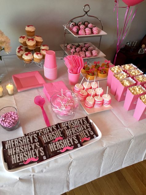 Girls Side of the Snack Table Gender Reveal  Boy or Girl Pink  Baby shower Bows mustaches Shower Snacks, Gender Reveal Party Food, Birthday Sleepover Ideas, Baby Shower Food For Girl, Sweet Sixteen Birthday Party Ideas, Baby Shower Snacks, Bow Baby Shower, Baby Shower Drinks, Sleepover Birthday Parties