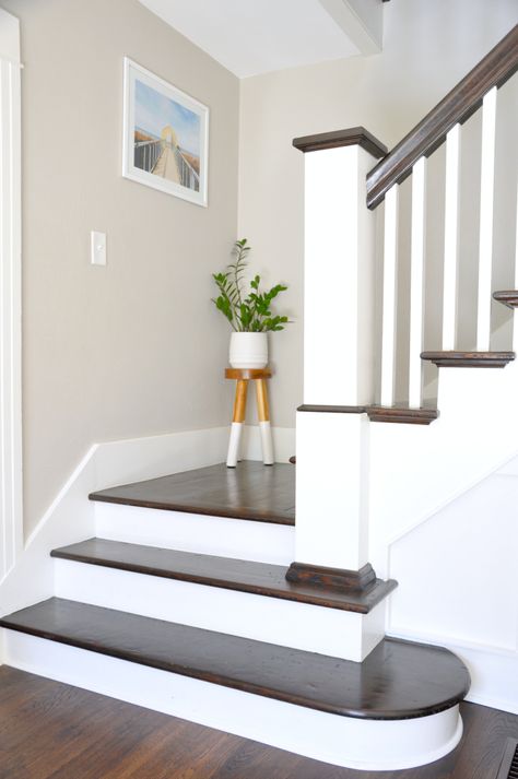 White Stairs With Wood Top, Home Steps Design, Stairs Dark Wood, Hardwood Stairs With White Risers, Flared Stairs, Wood Stairs White Risers, White Risers Stairs Dark Wood, Oak Treads White Risers, Wood Floor Stairs