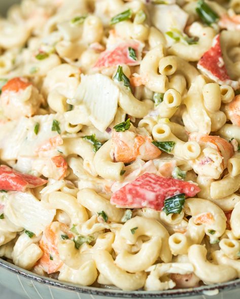 Shrimp and crab come together to make this seafood macaroni salad the perfect summertime side dish. It’s a versatile crowd-pleaser that will have your family scraping their plates and coming back for more! #seafoodmacaronisalad #seafoodpastasalad Seafood Macaroni Salad, Lobster Pasta Salad, Seafood Macaroni, Shrimp Macaroni Salad, Shrimp Macaroni, Seafood Pasta Salad Recipe, Hmr Recipes, Macaroni Pasta Salad, Crab Pasta Salad