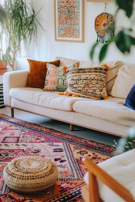 Boho Living Room Inspo: Chic &amp; Eclectic Decor Ideas Fun Couch Colors, House Inspo Interior Design Boho Chic, Opalhouse Living Room Ideas, Eclectic Home Office Ideas, Modern Living Room Colorful, Cozy Bright Living Room, Chic Eclectic Decor, Medspa Decor, Minimal Boho Decor