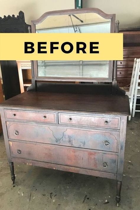 Mirror Dresser Makeover, Antique Dresser Makeover, Antique Dresser With Mirror, Vintage Dresser Makeover, Mirror Dresser, Beautiful Furniture Pieces, Diy Dresser Makeover, Vintage Dresser, Diy Furniture Renovation