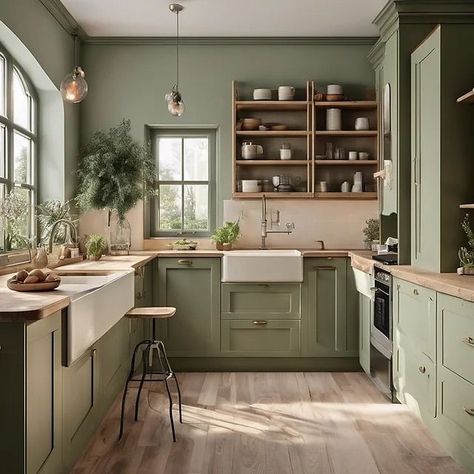 Rustic Sage Kitchen, Rustic Colourful Home, Green And Yellow Kitchen Ideas, Sage Green And Wood Kitchen, Green And Wood Kitchen, Kitchen Sage Green, Green Kitchen Aesthetic, English Countryside Style, Green Country Kitchen