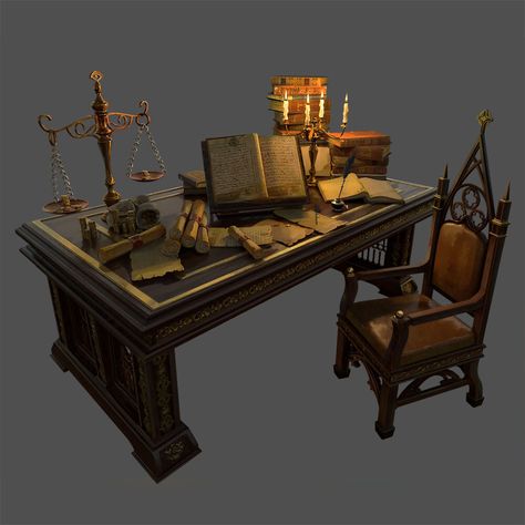 Old Writing Desk, Wizard Desk, Magic Office Concept Art, Medieval Office, Fantasy Desk, Victorian Office Decor, Wizard Office Concept Art, Alchemy Room Concept, 1920s Office