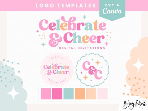 Pastel Logo Design Canva - Small Business Logo Template - Bright Pastel Colorful Logo - Retro Party Logo - Fun Logo Editable PF01 Blog Pixie #graphicdesignfestival #designshop Pastel, Logos, Pastel Logo Design, Watermark Template, Logo Design Canva, Pastel Logo, Printable Products, Template Color, Shop Stationery