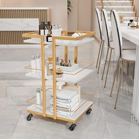 Salon Cart Trolley, Salon Trolly Ideas, Spa On Wheels, Spa Storage Ideas, White And Gold Esthetician Room, Salon Station Organization Ideas, Esthetician Room Storage Ideas, White And Gold Salon, Facial Trolley