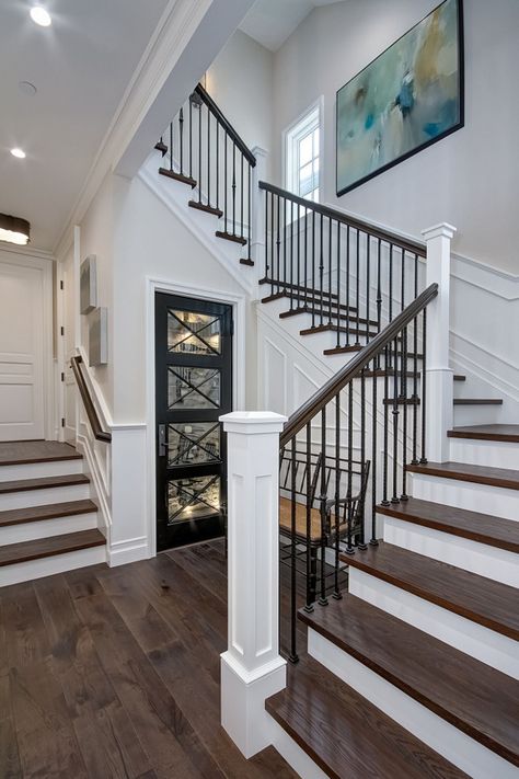 I like this staircase. Use same style newel post for the end of the island & counter in laundry room. Farmhouse Staircase, تحت الدرج, Staircase Styles, California Beach House, Wrought Iron Staircase, Diy Staircase, Iron Staircase, Wrought Iron Stairs, Escalier Design