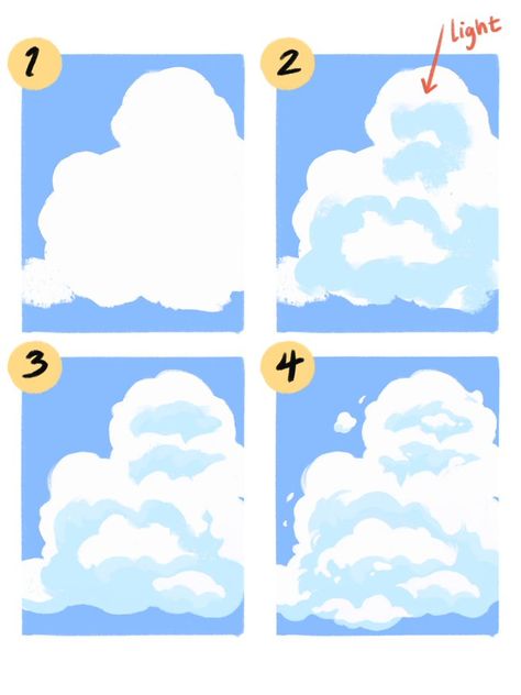 (1) Nicole Anisgard Parra 🌿 on Twitter: "💫CLOUD PAINTING TUTORIAL💫 Here is my workflow/method for illustrating/painting clouds that is fairly quick and efficient! You can achieve different looks with different brushes, but the overall principles remain the same. Hope this is somewhat helpful or informative! ☁️ ✨ https://t.co/w9r2yHQfJ2" / Twitter Painting Cloud Tutorial, Cloud Painting Reference, Clouds Digital Painting, Watercolor Art Clouds, Drawing Clouds Tutorial, How To Paint A Cloud, Gouache Clouds Tutorial, Art Background Tutorial, Painting Clouds Tutorial