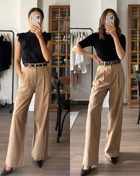 Women Brown Outfit, Tan Straight Leg Pants Outfit, Beige Trousers Black Top, Slacks Dressy Outfit, Black And Beige Outfit Women, 1 Outfit Many Ways, Khaki Dress Pants Outfit, Tan Work Pants Outfit, Tan Dress Pants Outfit