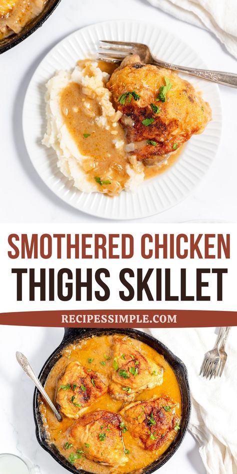 These Smothered Chicken Thighs are a tasty comfort dish featuring golden-brown chicken thighs in a flavorful onion and garlic gravy. Easy chicken dinner that the whole family will love! Chicken Thigh Recipes With Gravy, Bonein Chicken Thigh, Thanksgiving Chicken Thigh Recipes, Easy Bone In Chicken Thigh Recipes, Smothered Chicken And Potatoes, Chicken Thigh And Gravy Recipes, Roasted Bone In Chicken Thigh Recipes, Smothered Bone In Chicken Thigh Recipes, Chicken And Grits Recipes