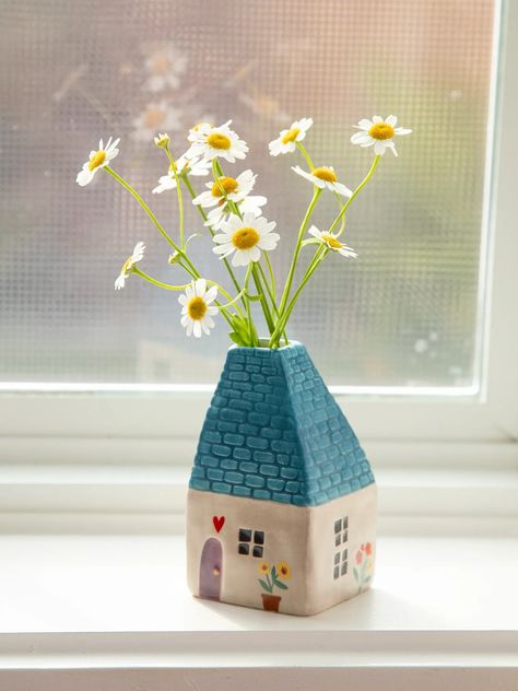 Cottage Bud Vase - Dark Turquoise – Natural Life Cutest Kitchen, Turquoise Cottage, Tiny Window, Flowers And Hearts, Air Dry Clay Projects, Small Shelf, Clay Houses, Tanah Liat, Clay Vase