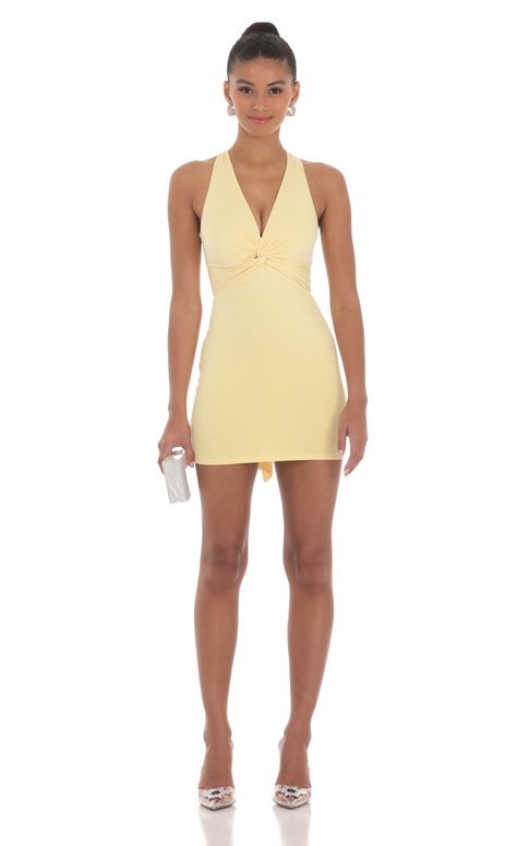 Twist Open Back Dress in Yellow | LUCY IN THE SKY Hoco Dresses Yellow, Yellow Hoco Dress, Hoco Dress Short, Pretty Homecoming Dresses, Pale Yellow Dresses, Yellow Homecoming Dresses, Semi Dresses, Cute Formal Dresses, School Dance Dresses