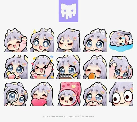 Emote Ideas Discord, Streamer Emote Ideas, Chibi Poses Emotes, How To Draw Twitch Emotes, Twitch Chibi Emote, Streamer Character Design, Discord Sticker Ideas, Vtuber Face Expressions, Anime Twitch Emotes