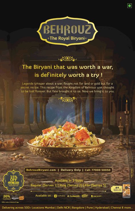 behrouz-the-royal-biryani-ad-times-of-india-hyderabad. Check out more Hotels & Restaurants   Advertisement Advertisement Collection at   https://www.advertgallery.com/product-  category/advertisements-by-category/automotive Restaurant Advertising Posters, Biryani Creative Ads, Restaurant Advertising Ideas, Behrouz Biryani, Restaurant Creatives, Restaurant Advertisement, Restaurant Ads, Fast Food Poster, India Hyderabad