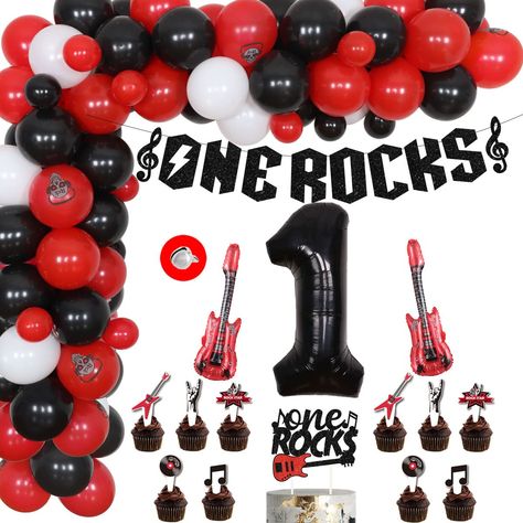 PRICES MAY VARY. One Rocks 1st Birthday Decorations: You will get 55 x latex balloons 12 inches, 14 x latex balloons 5 inches, 1 x ONE ROCKS banner, 1 x ONE ROCKS cake topper, 12 x cupcake toppers, 1 x 1 foil balloon 40 inches (Helium Supported), 2 x guitar foil balloons with bells 11*33 inches (No Helium Supported), 1 x balloon tape strip, 1 x adhesive dispense. Glitter One Rocks Banner and Cake Topper: The banner and cake topper are made of glitter card stock, which will shiny under the sun an Band Party Decorations, One Rocks Cake, Rock Band Party, Rock And Roll Party Decorations, Rock And Roll Birthday Party, Rock And Roll Birthday, Music Theme Birthday, Rockstar Birthday Party, Music Themed Parties