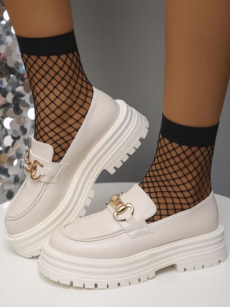 Beige Preppy Collar     Embellished  Spring/Fall Women Shoes Korean Shoes Outfit, Korean Footwear, Dress With Loafers, Cute Converse Shoes, Beige Loafers, Korean Shoes, Cute Converse, Style Anglais, Women Wedges