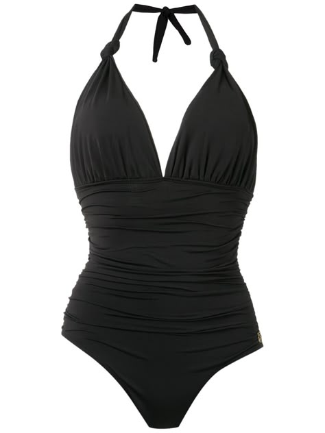 Black stretch-polyamide mesh draped swimsuit from Brigitte featuring a draped V neck, removable cups, a back tie fastening, an open back, a draped design, a gold-tone logo plaque, satin-like fabric, an elasticated trimming, a lining and a fresh touch. Swimwear must be tried on over your own garments. Swimsuits Black, Beachwear Brands, Halter Bathing Suit, Halter Neck Swimsuit, Black Bathing Suits, Swimsuit Design, Swimwear Online, Cute Swimsuits, Swimsuits Halter